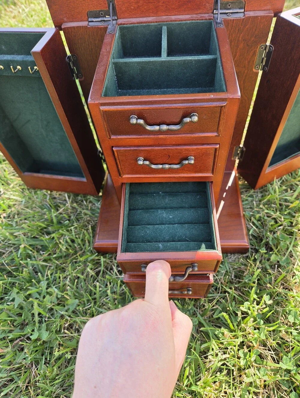 Vintage 1987 The Bombay Company Wooden Jewelry Armoire Box | Green Velvet Lined